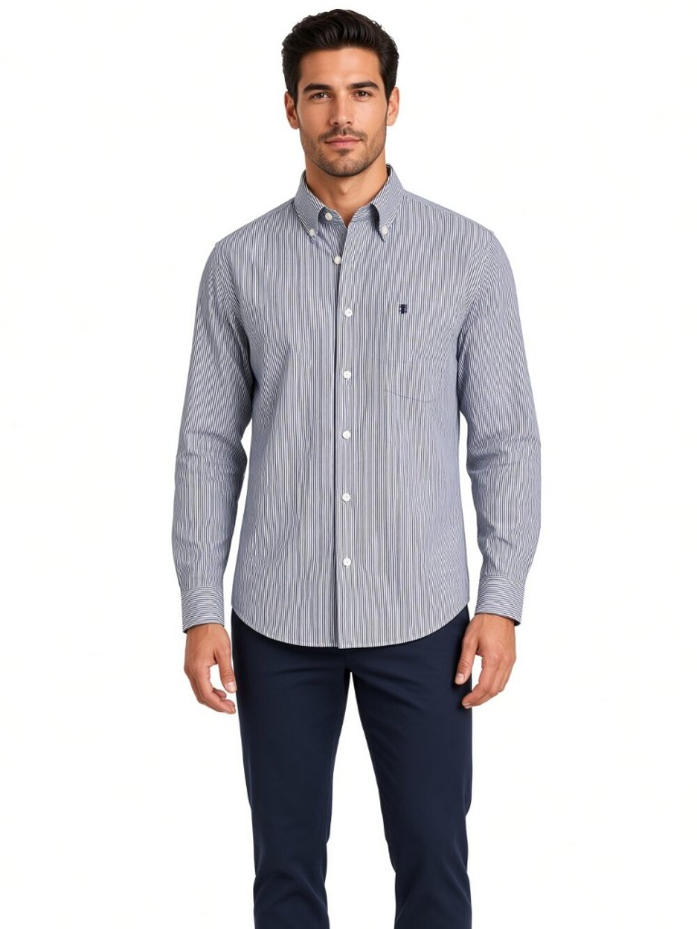 Izod Men’s Blue White Stripe Oxford Button Down Shirt Long Sleeve